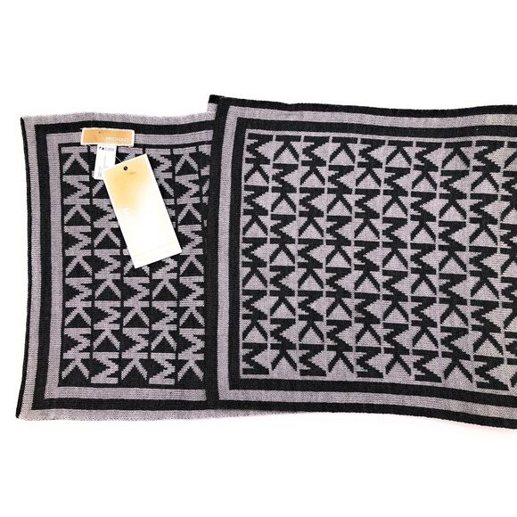 Michael Kors Bordered MK Logo Print Muffler Scarf – Pearl Heather, Acrylic Knit - Picture 4 of 5